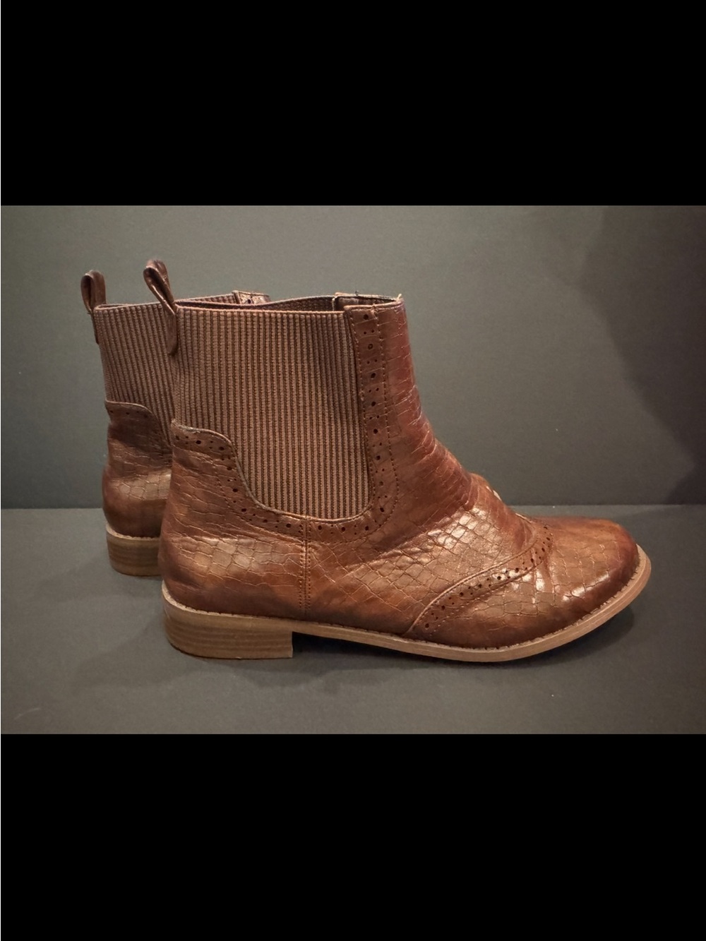 Yoki Brown Croc-Embossed Chelsea Booties